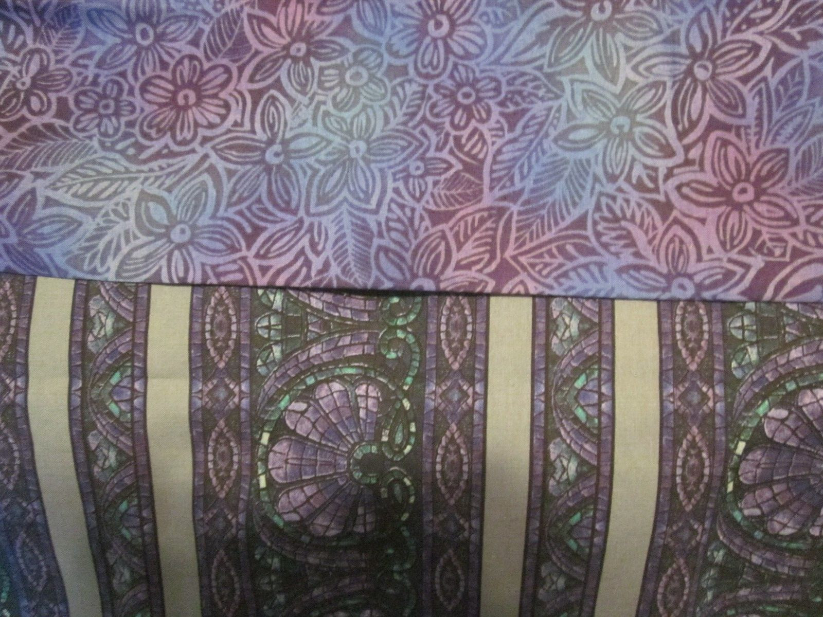 2 FQ lot MOSIAC stripes and FLORAL coordinate DARK purple blue COTTON FABRIC