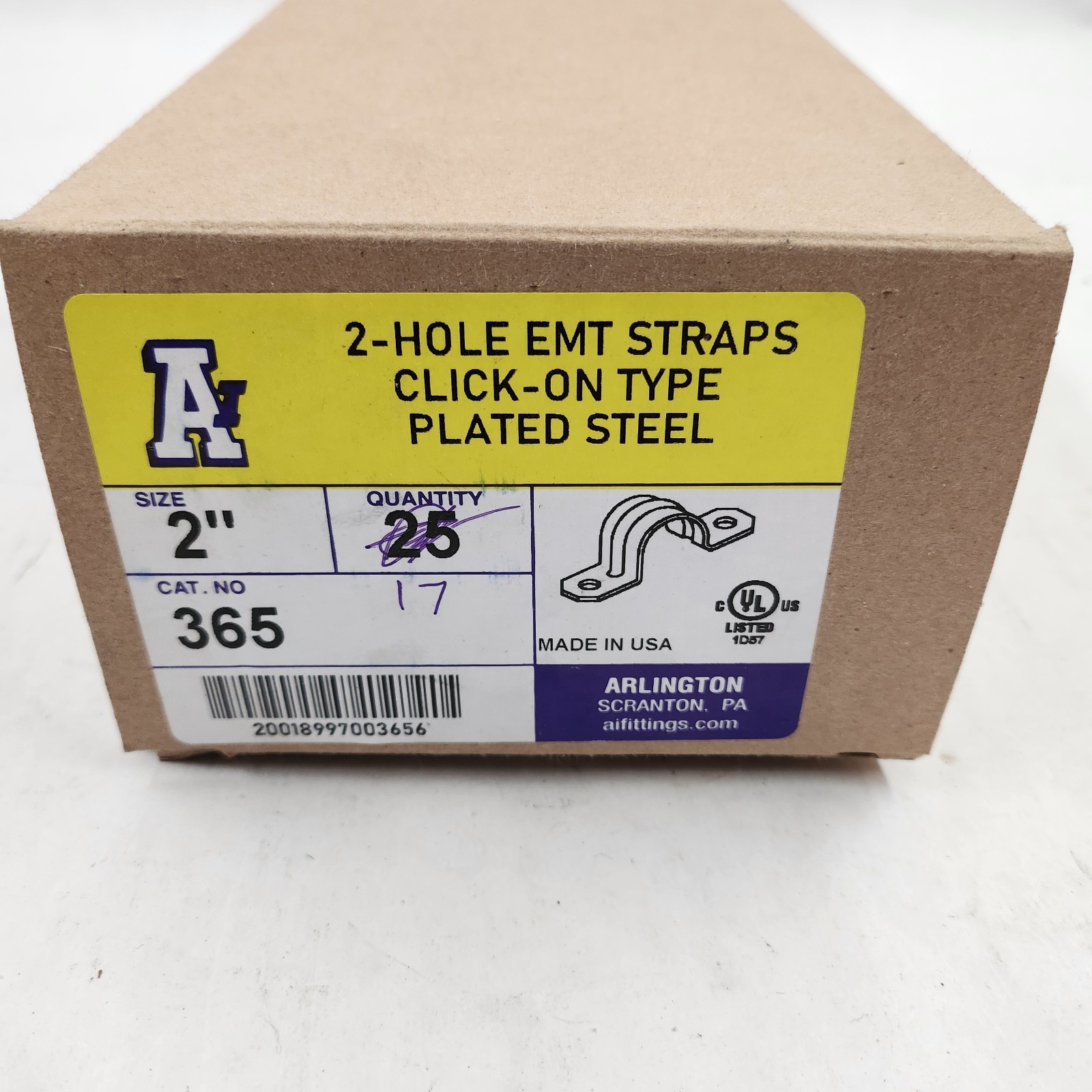 Box of 17 NEW Arlington 2" EMT 2-Hole Conduit Strap #365 Click On Type Plated