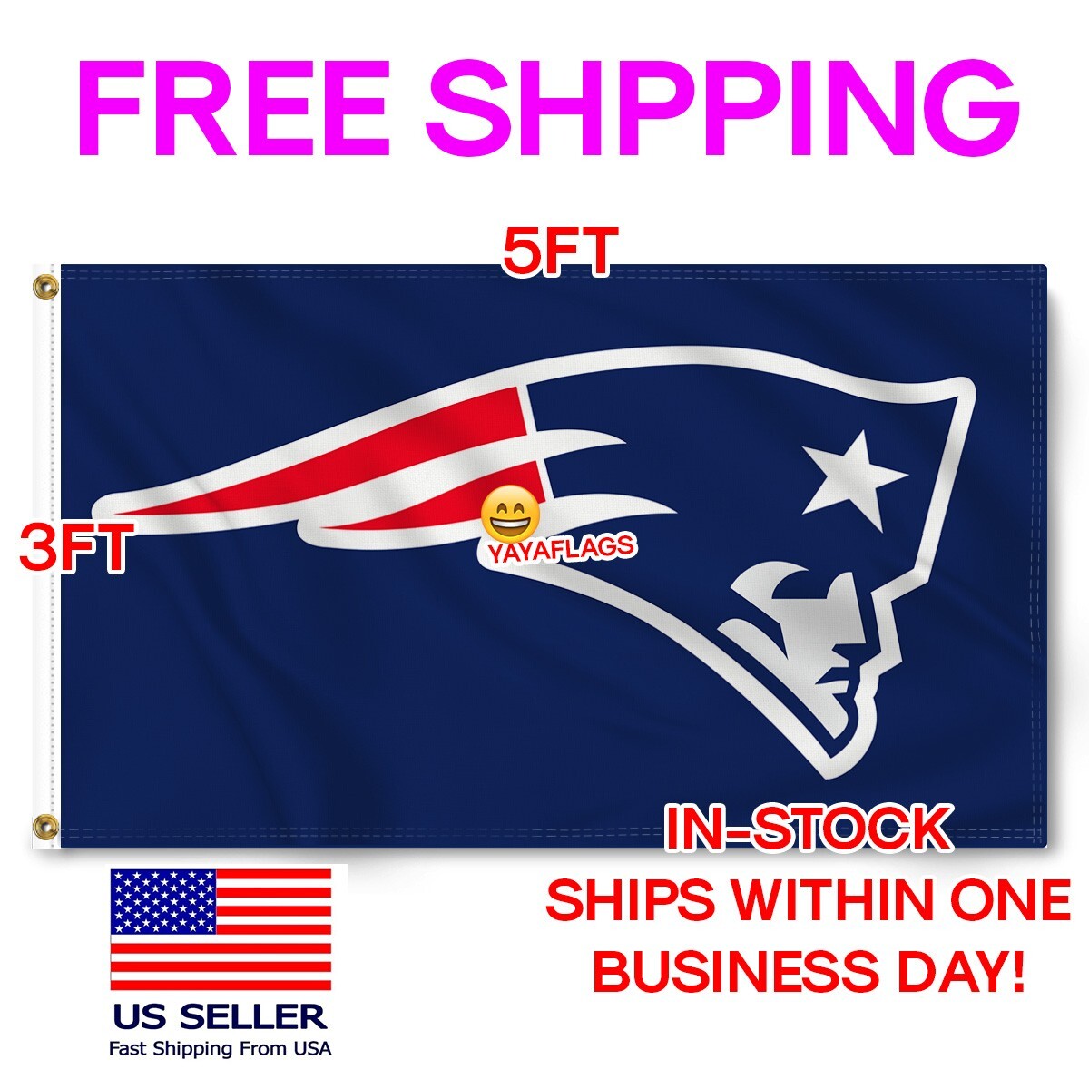 New England Patriots 3x5 Foot American Flag Banner FREE Shipping