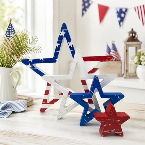 4th of July Decorations Stars, Red White Blue Patriotic Tiered Tray Retro 1