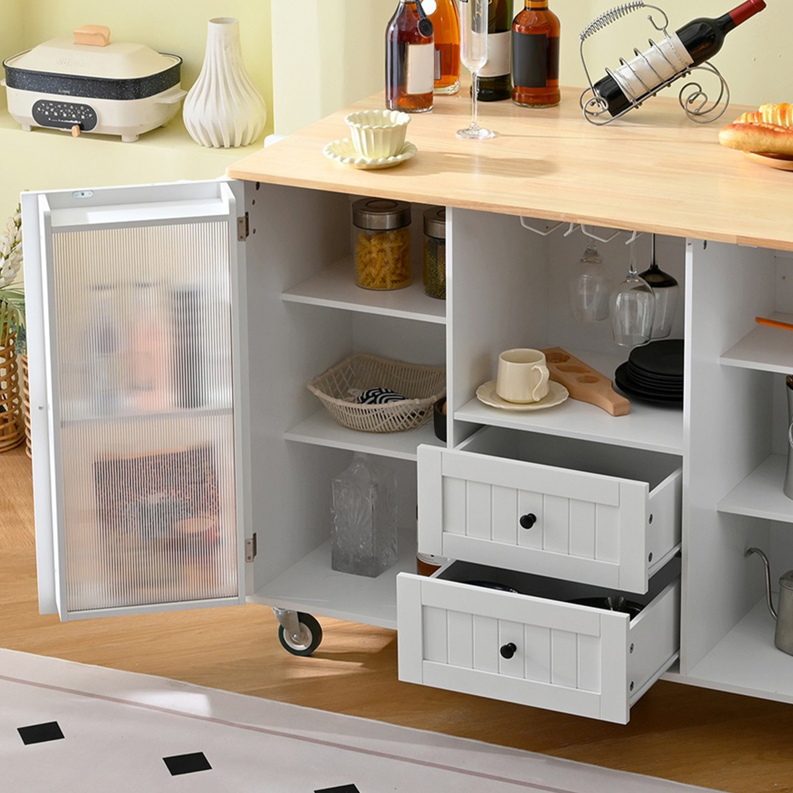 Kitchen Island Cart Rolling On Wheels with 13 Storage Areas Drop Leaf Bar