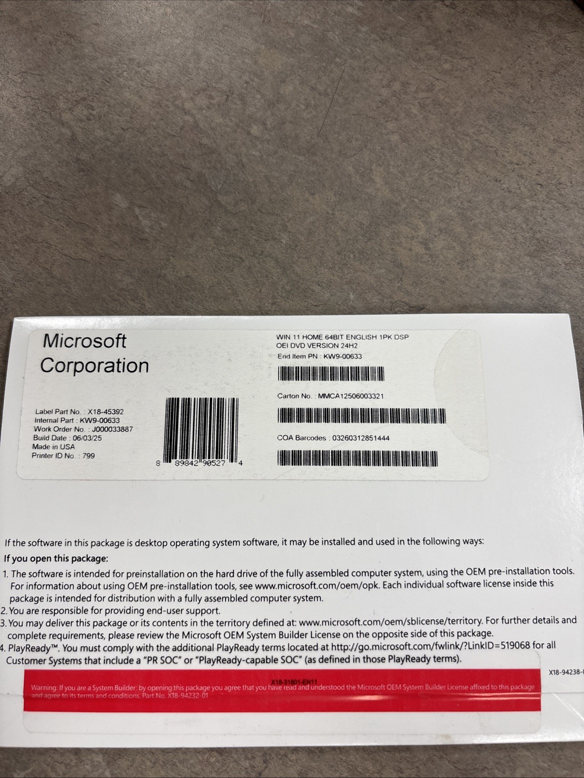 Microsoft Corporation Win Home 11  64bir Version 24H2