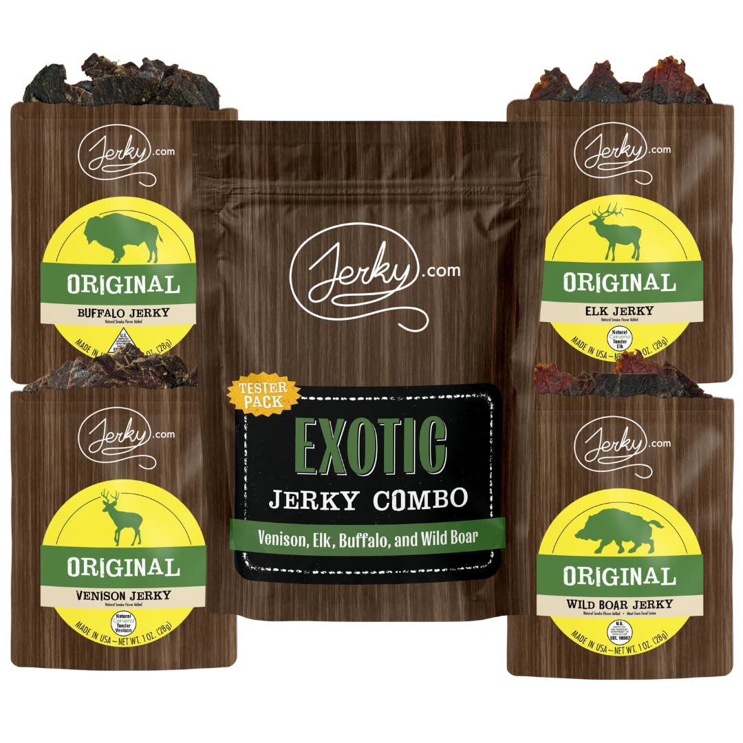 Exotic Jerky Variety Pack | 4pc Wild Game Snacks Sampler with Venison, Elk, Buff