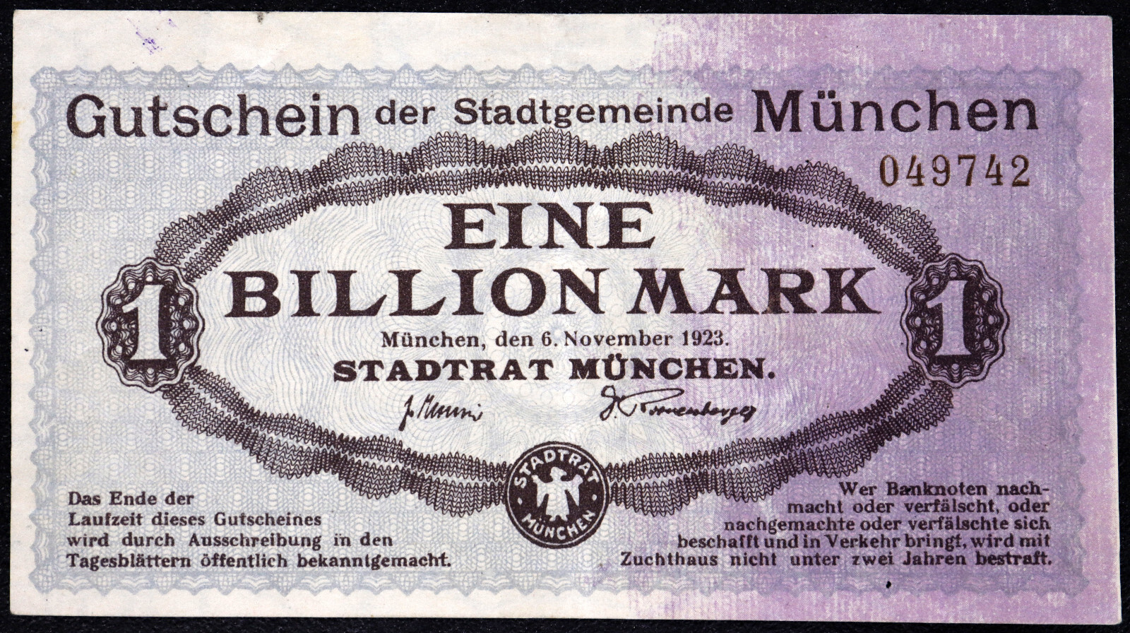 MUNICH / MÜNCHEN 1923 XX-RARE 1 TRILLION MARK! Inflation Notgeld Germany