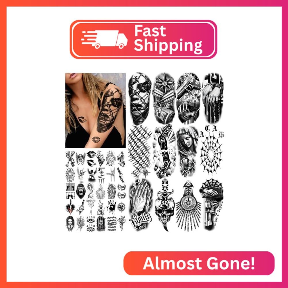 77 Sheets Black Temporary Tattoos Adults Teens, Skull Gangster Chains Cholo Web