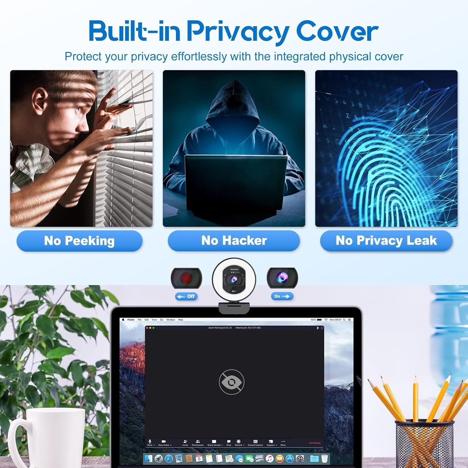 4K Webcam with Ring Light Web Cam 4K Autofocus with TOF Computer Camera 1080P