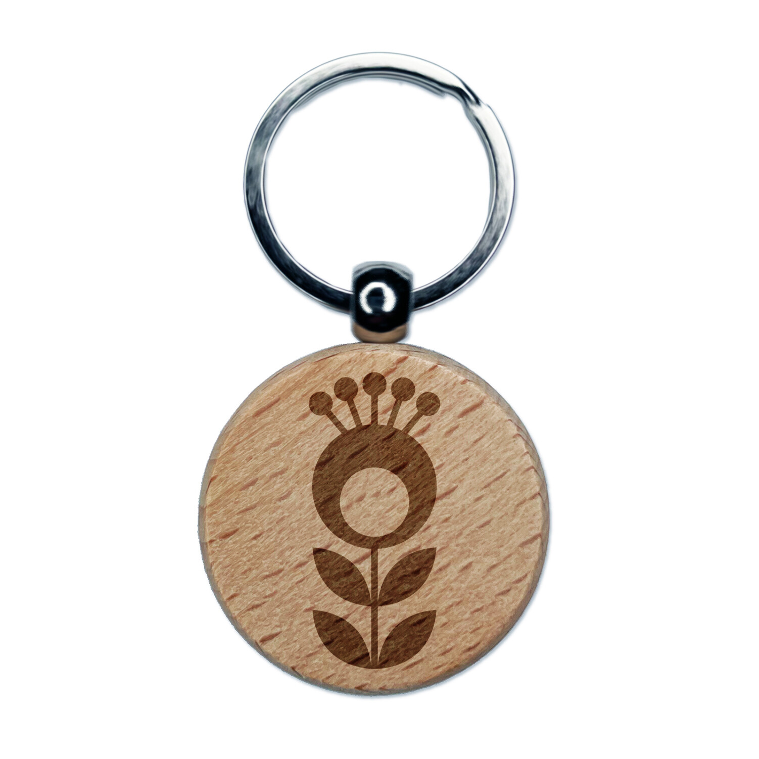 Scandinavian Flower Engraved Wood Round Keychain Tag Charm
