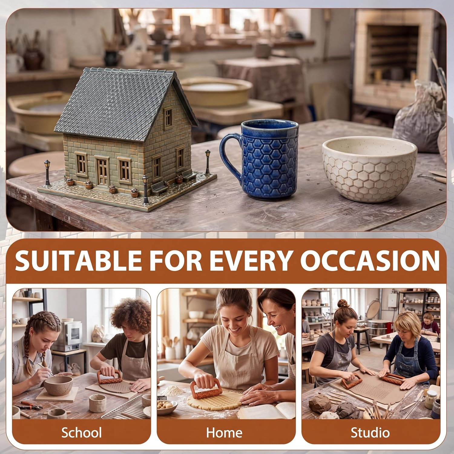 17 Pcs Clay Texture Roller Set with Handle, 8-Pattern 3D-Printed