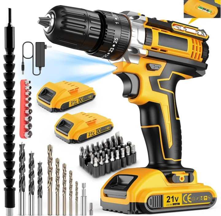 Taladro inalámbrico 21V con 2 baterías, 25+3 torque, 56 accesorios y luz LED