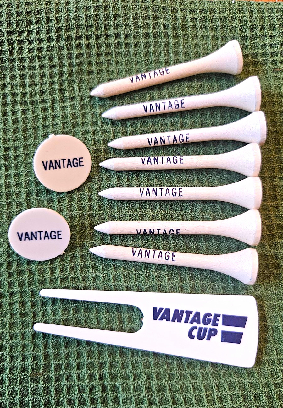 Vantage Cup White Golf Tees 3.25 in Wood/Plastic w/ Divot Tool & 2 Markers