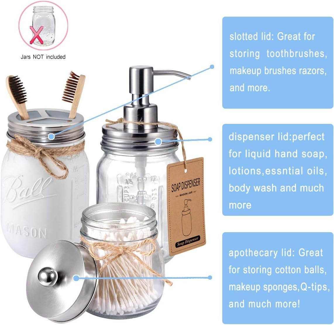 Chic Brushed Nickel Bathroom Accessory Lids Set for Regular Mouth Mason Jars