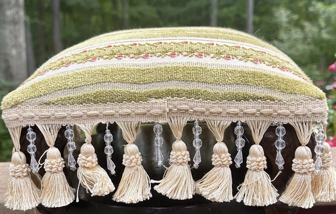 Vintage Boudoir Needlepoint Tassels Beaded Fringe Footstool Wood 13”x10”x6”