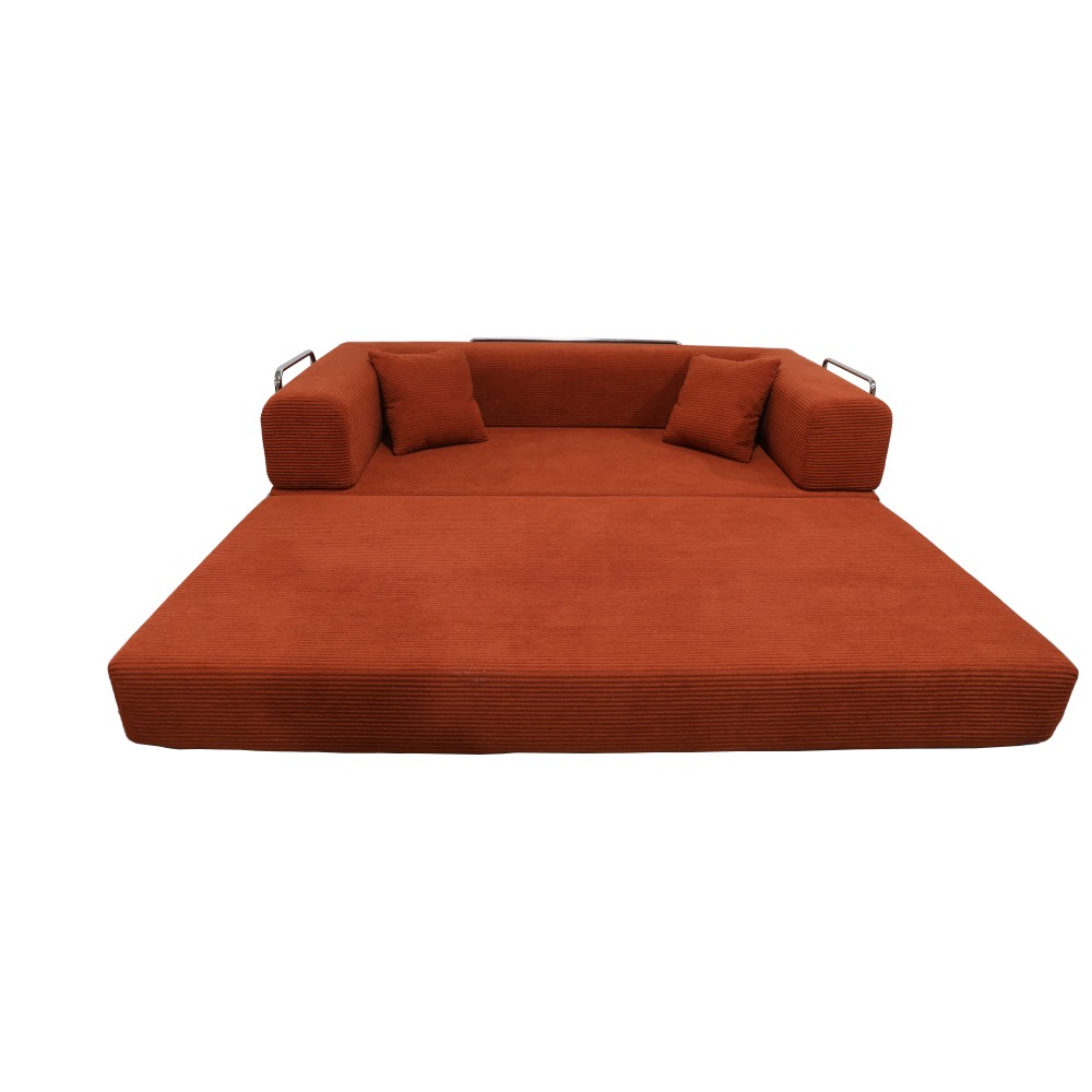 Sleeper Sofa Bed 2-Seater Convertible Couch Corduroy Foam Orange