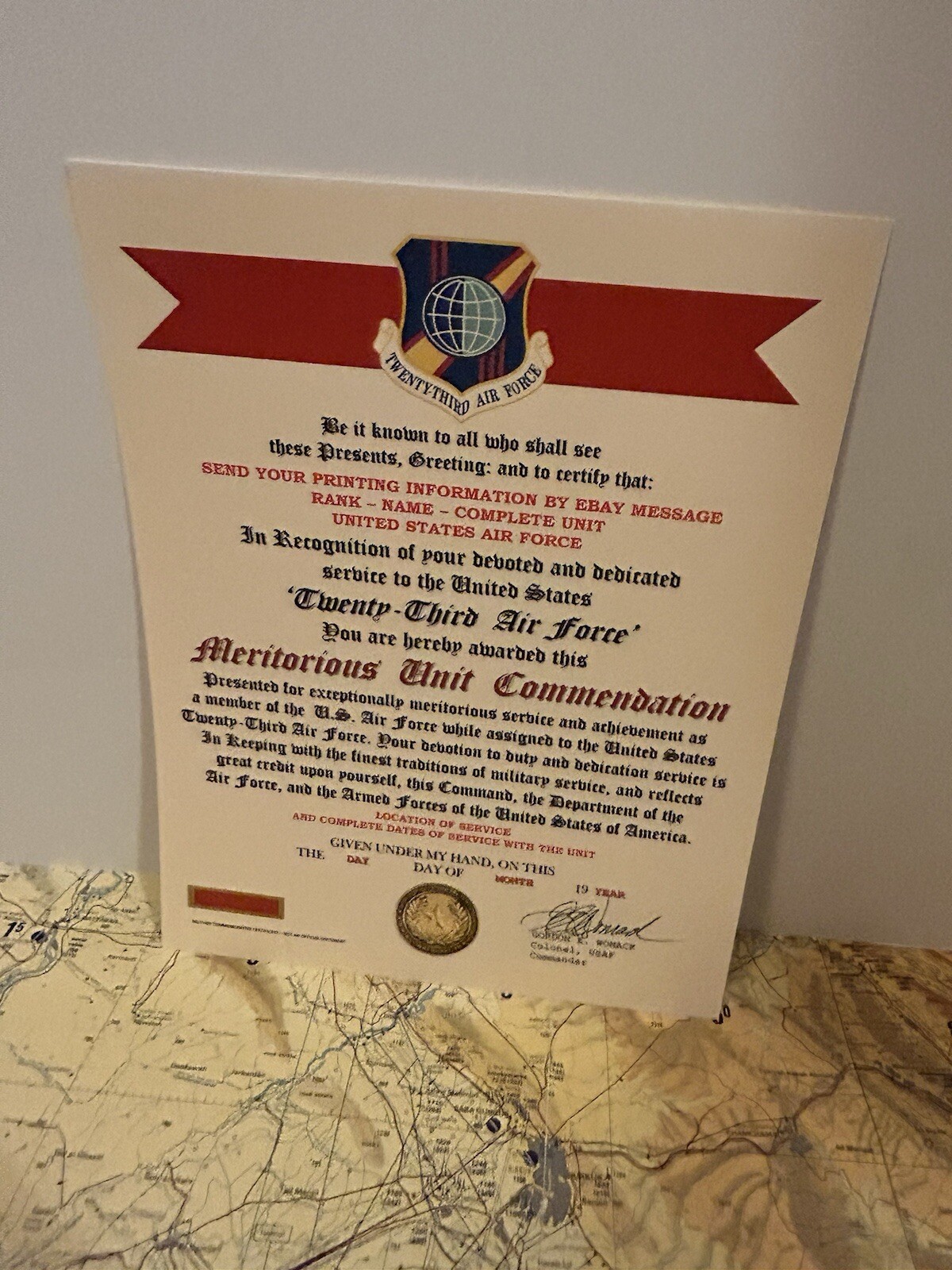 U.S. AIR FORCE / 23RD AIR FORCE - MERITORIOUS UNIT COMMENDATION CERTIFICATE