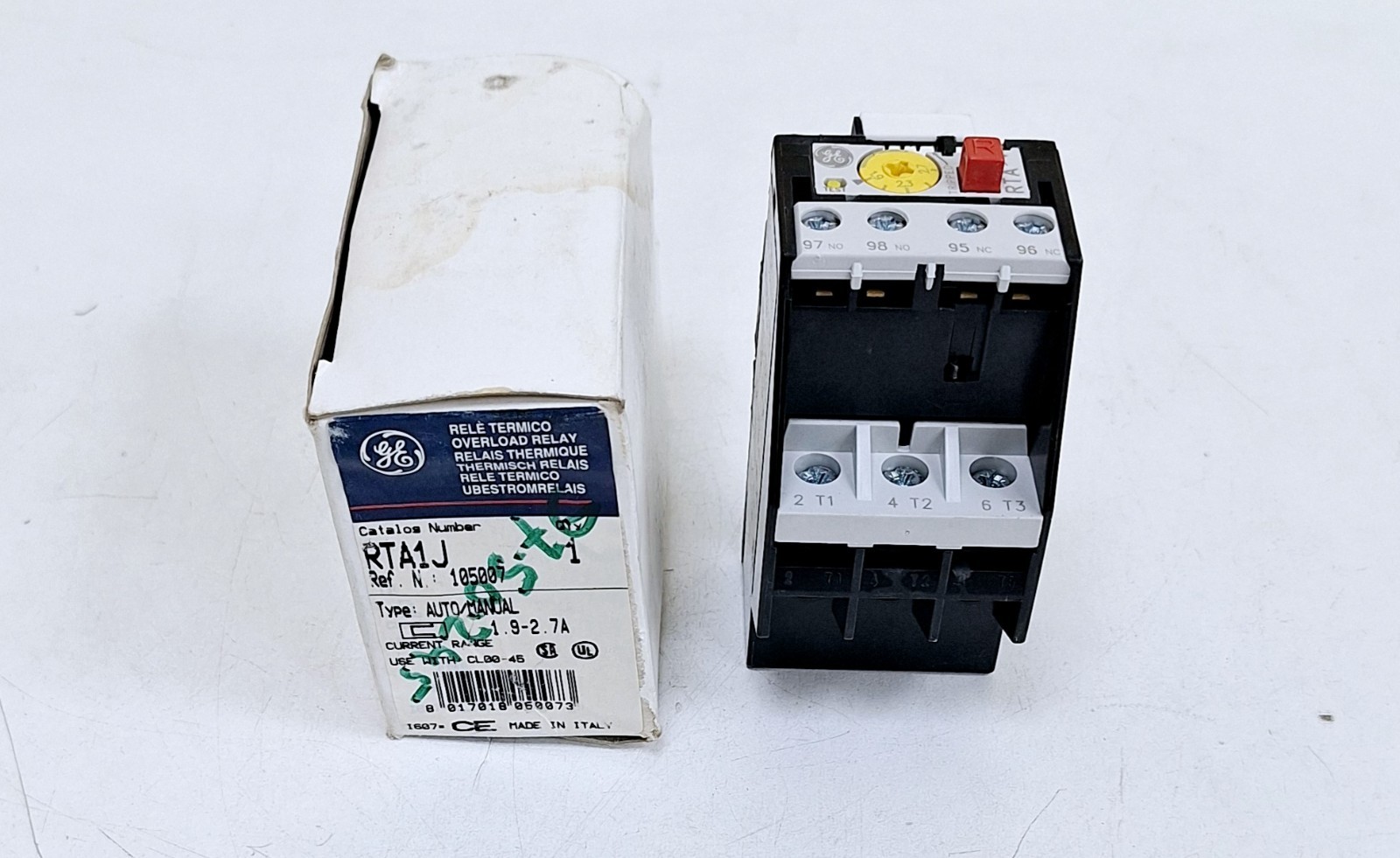 GE RTA1J Overload Relay Type Auto/Manual 1.9-2.7A
