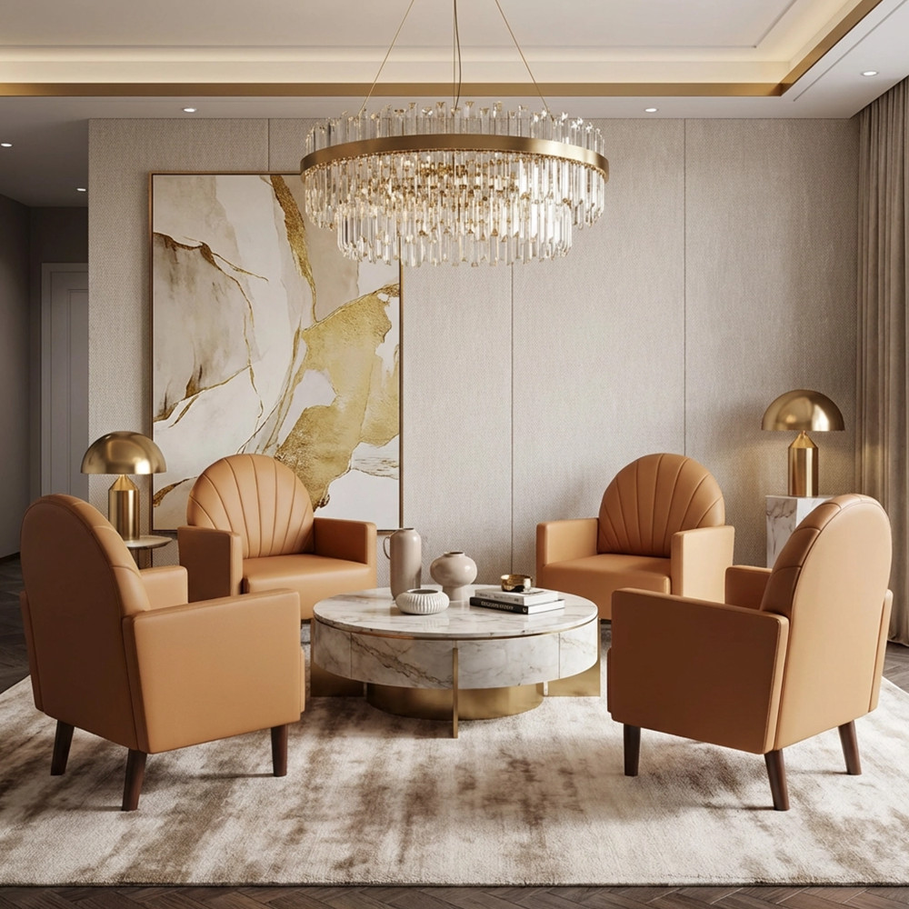 Orange PU Leather Accent Armchair with Plush Pillow & Wood Legs