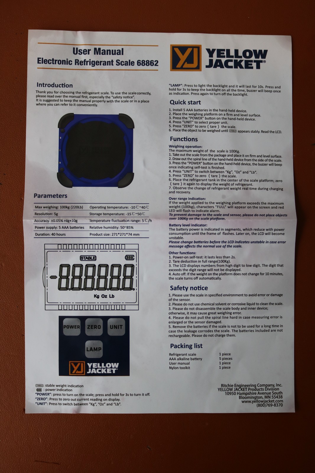 Yellow Jacket 220 Lbs. Electronic Refrigerant Scale 68862