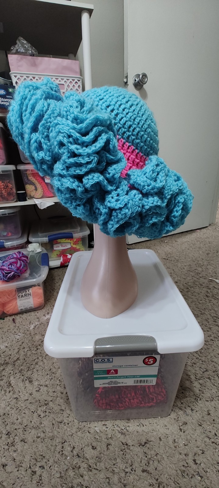 Handmade Crocheted Blue and Pink Ruffled Hat Handcrafted Soft Yarn Unique Design