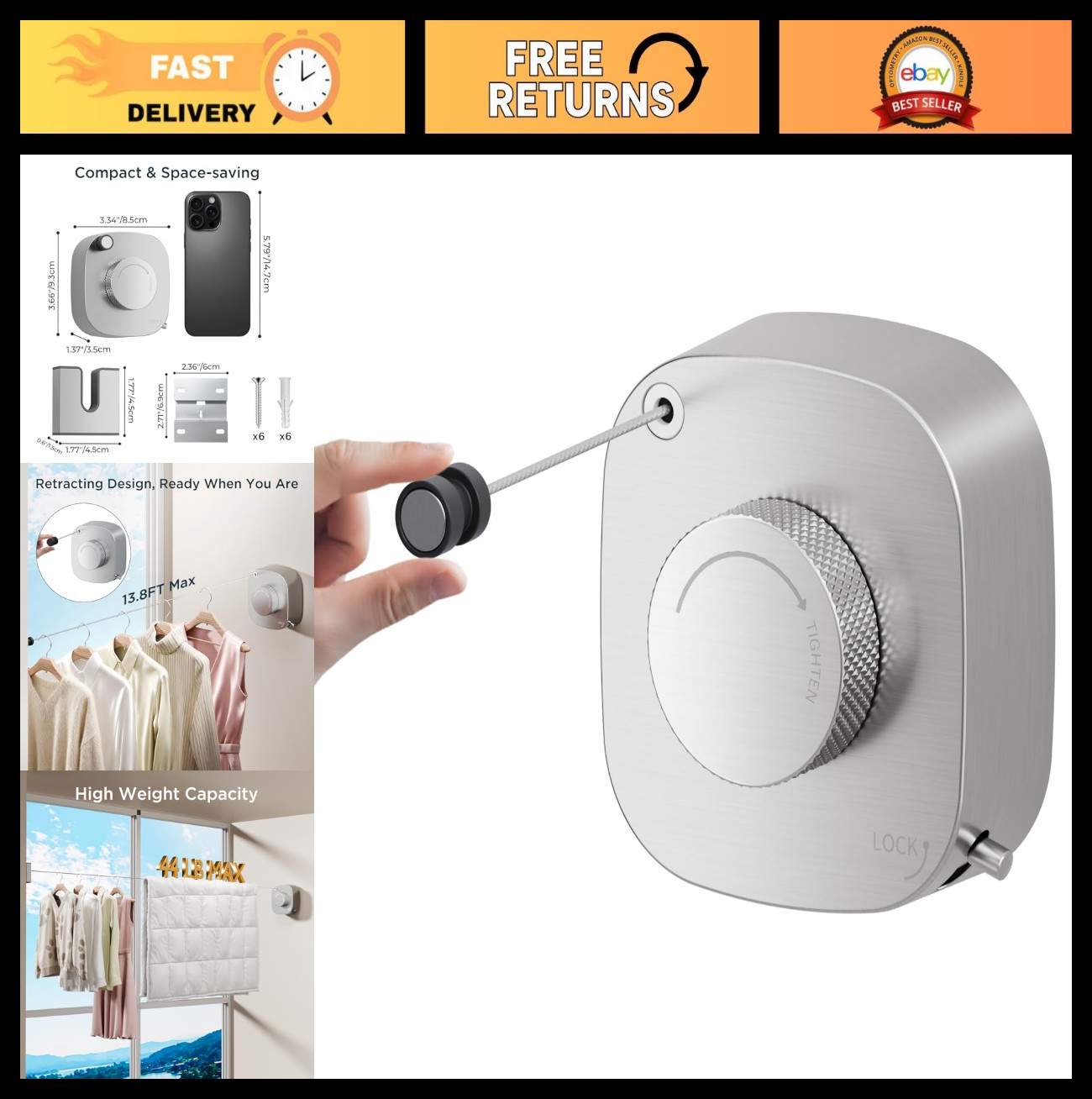 Retractable Indoor/Outdoor Clothesline - 13.8 Ft Heavy Duty Stainless Steel Laun