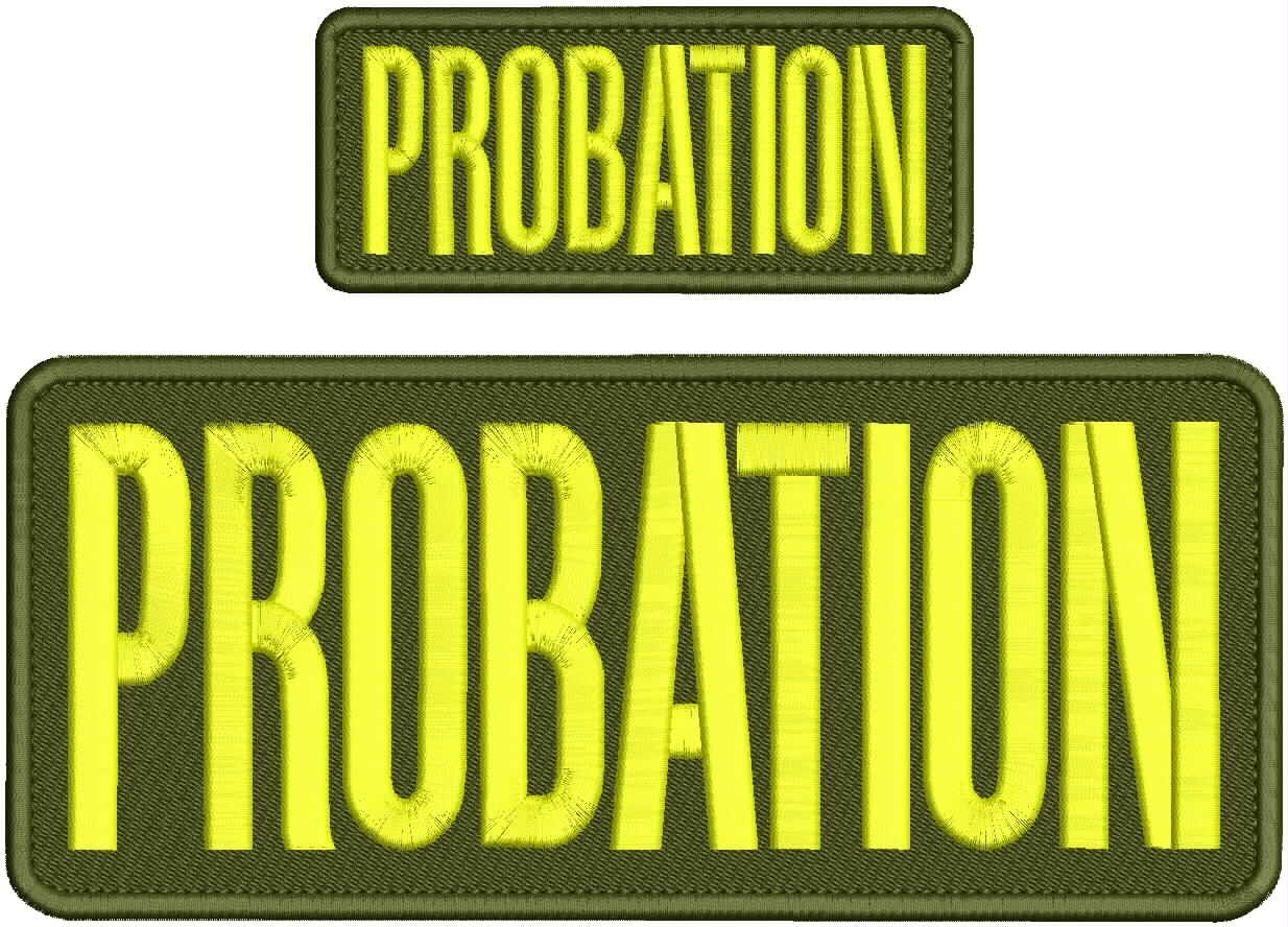 PROBATION EMBROIDERY PATCHES 4X10 AND 2X5 HOOK ON BACK YELLOW ON OD GREEN