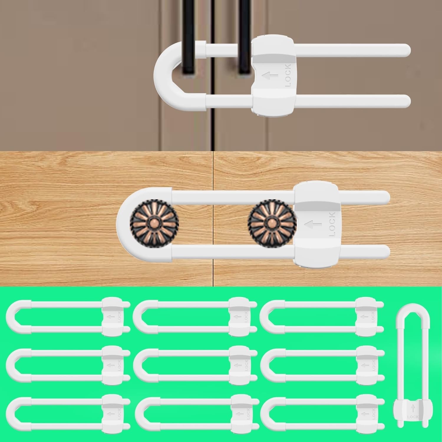 (10 pack white) 4 button Cabinet Locks, U-Shaped Proofing Drawers Safety Chil...