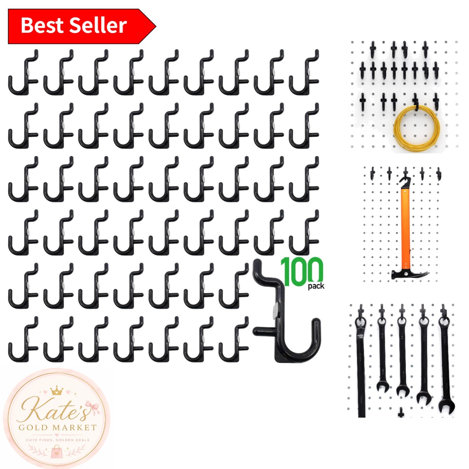 Heavy-Duty Black J Hooks for Pegboard - 100 Count Pack with Safety Features