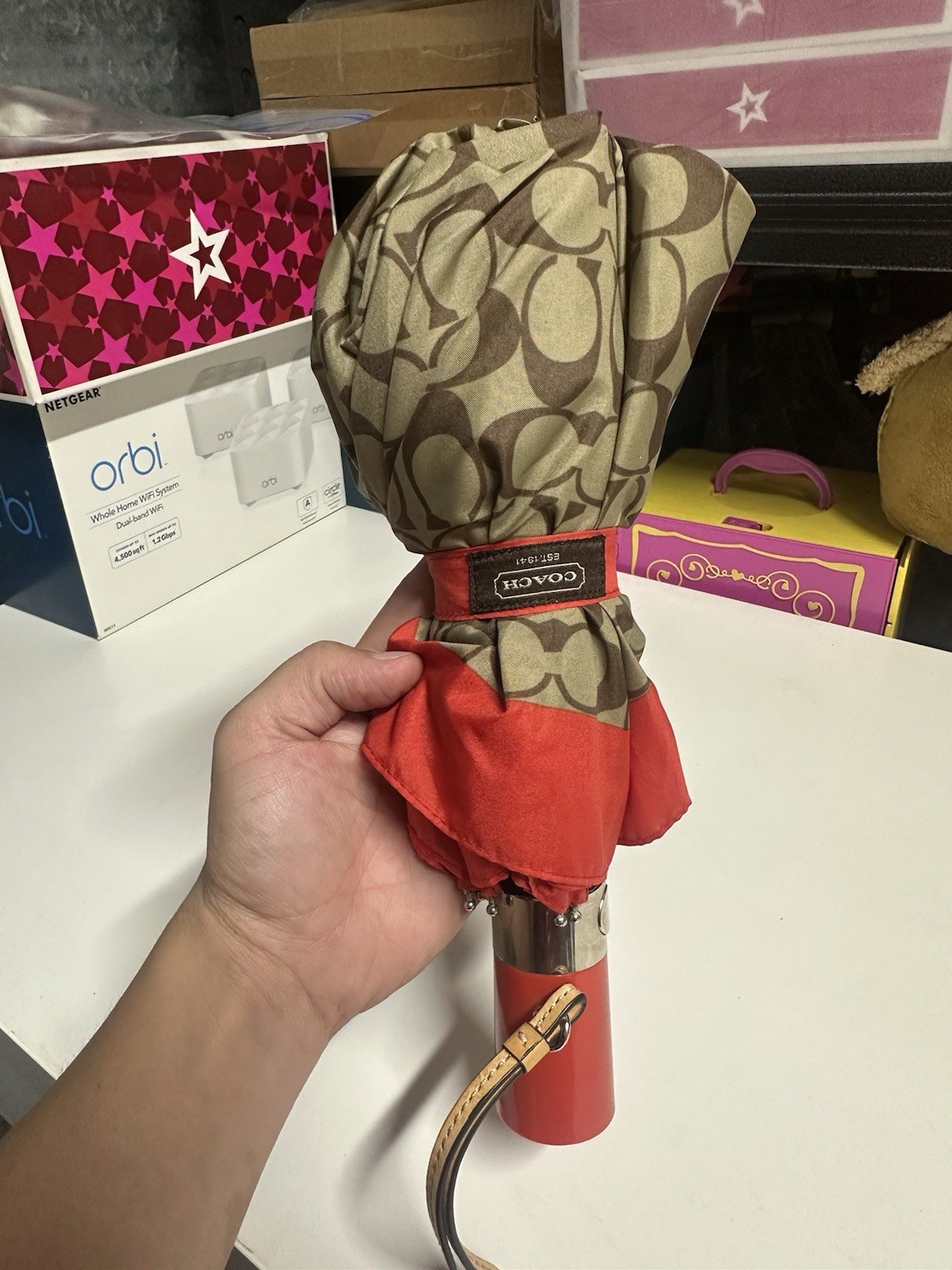NWT Coach  Print Mini Signature Umbrella F41063 Khaki / red/brown
