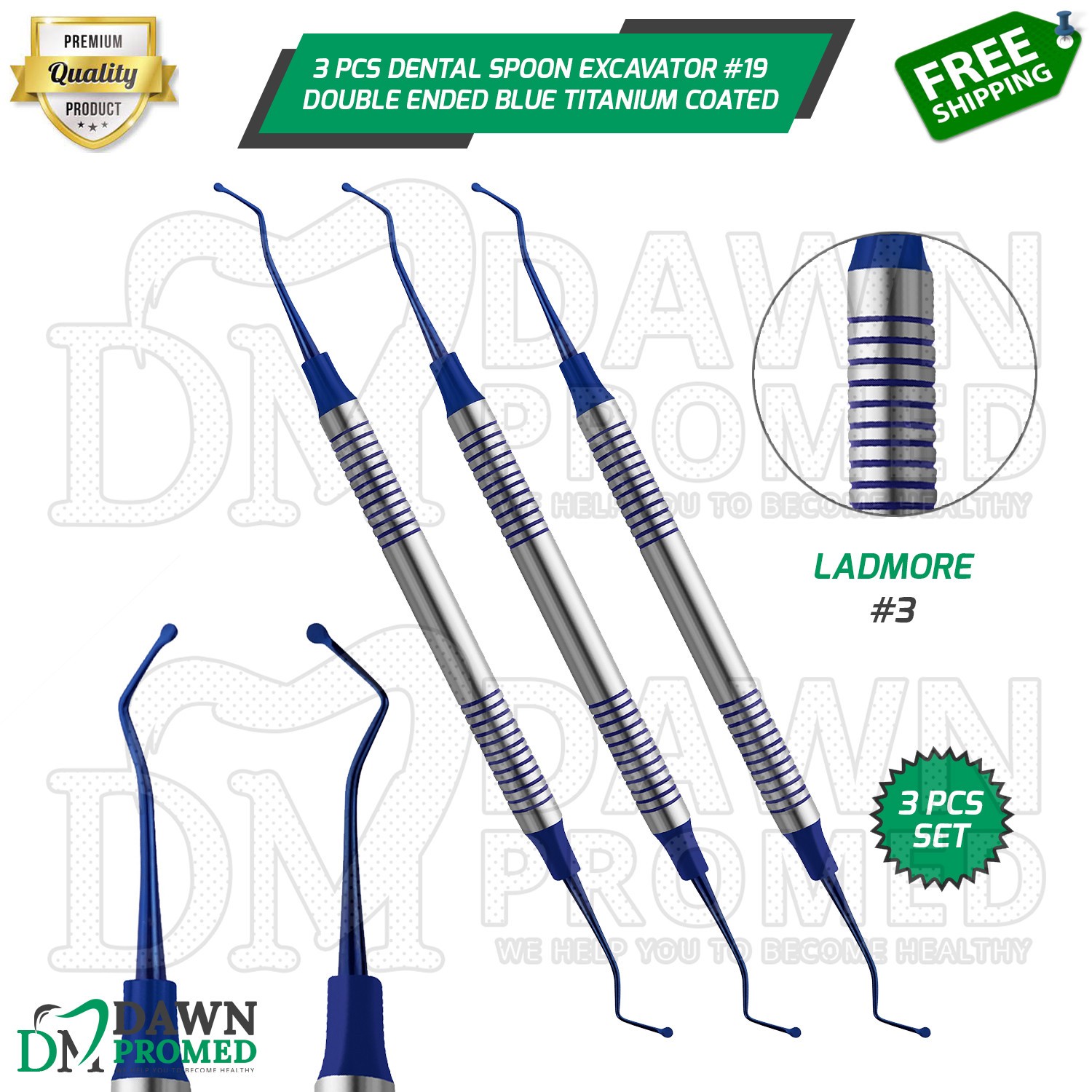 3 Pcs Spoon Excavator #19 Double Ended Blue Titanium Coated Dental Instruments