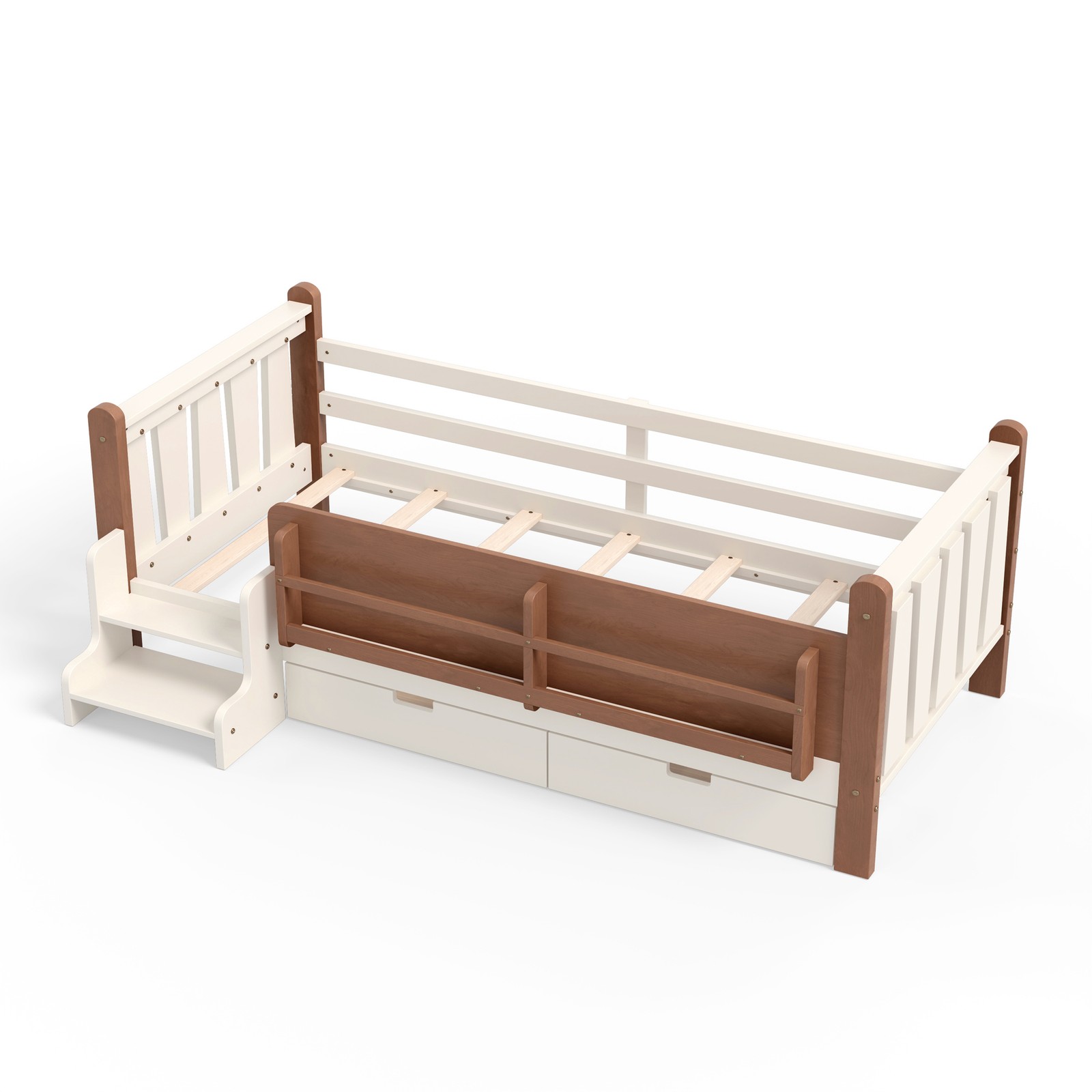 FUNIDEE Twin Size Floor Bed Plarform Bed Frame with Drawers and Bookcases Beige