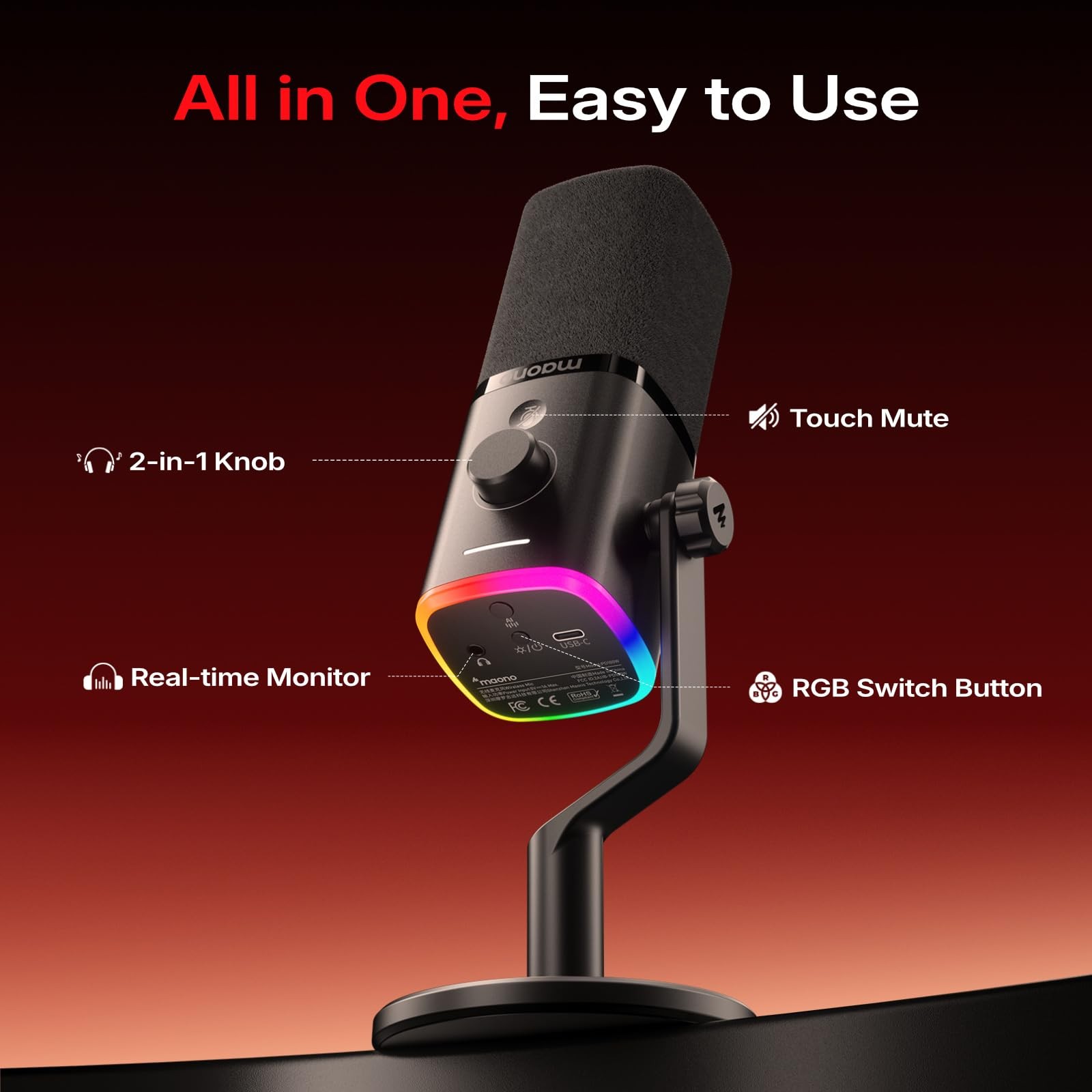 MAONO PD100WS Wireless Gaming Microphone for PC, USB-C Receiver, Black