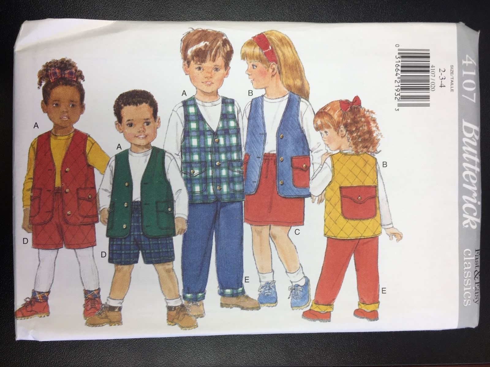 Butterick #4107 Children's Vest, Top, Skirt, Shorts, Pants - Multiple Sizes
