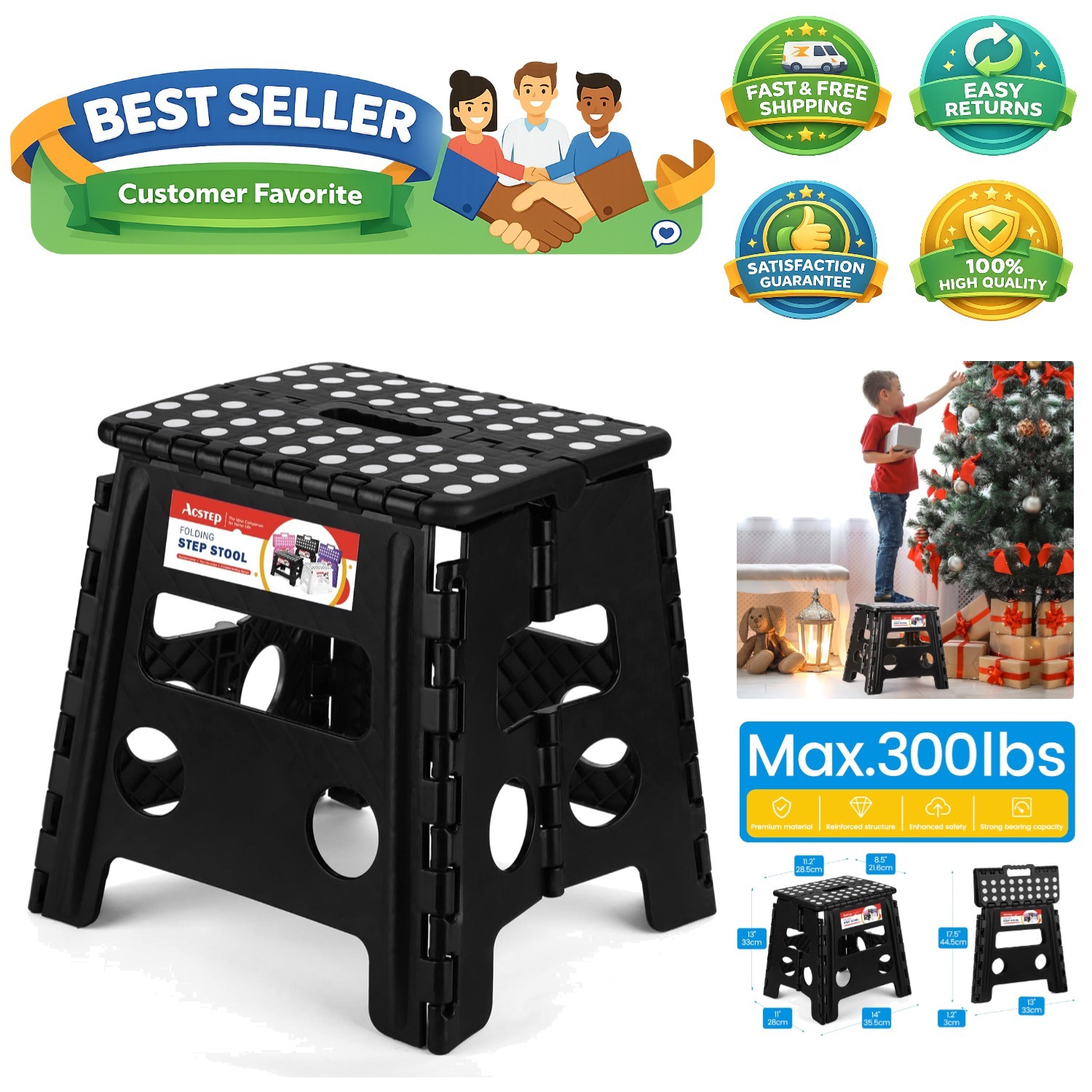 Folding Step Stool - 13 inch Height  Heavy Duty Foldable Stool for Adults, Ki...