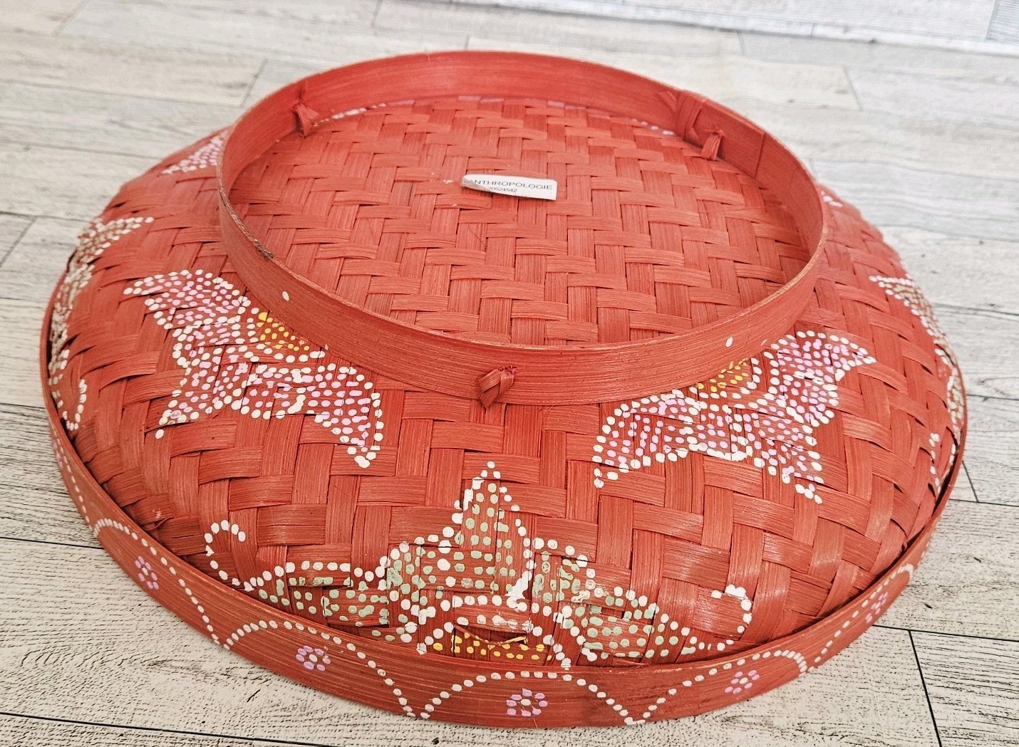 Anthropologie Woven Wicker Basket Boho Dot Art Fruit Basket Wall Art