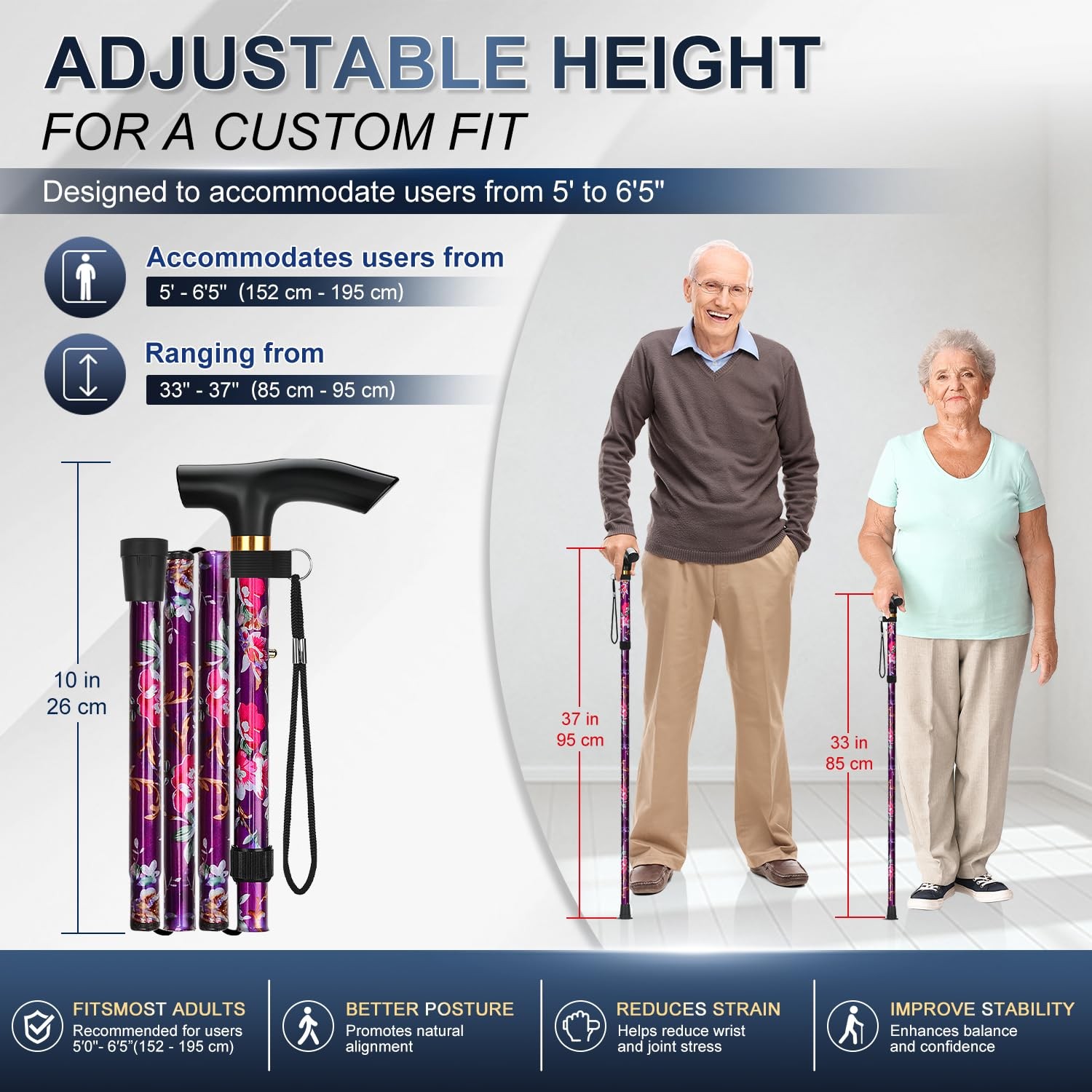 supregear Folding Cane, 5-Level Adjustable Height Walking 10", Purple Floral