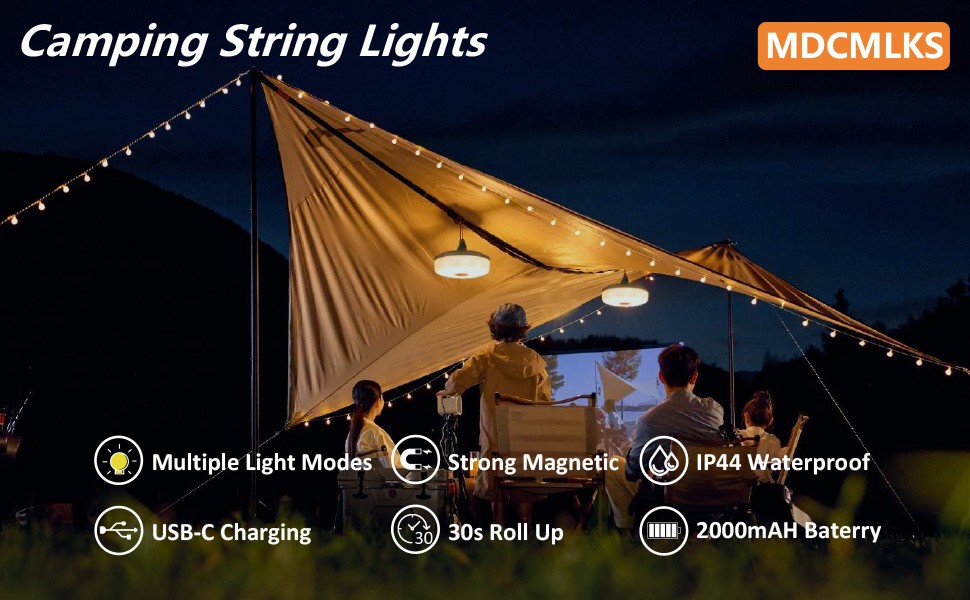 Camping String Lights, 4 in 1 Portable Camping Light Rechargeable, 8 Lighting