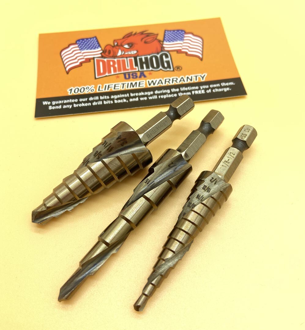 Drill Hog® 3 Pc Cobalt M42 Step Bit Quick Change Hex Shank Lifetime Warranty