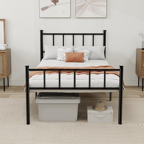 Metal Platform Bed Frame with Headboard Sturdy Steel Slats Support Twin Black