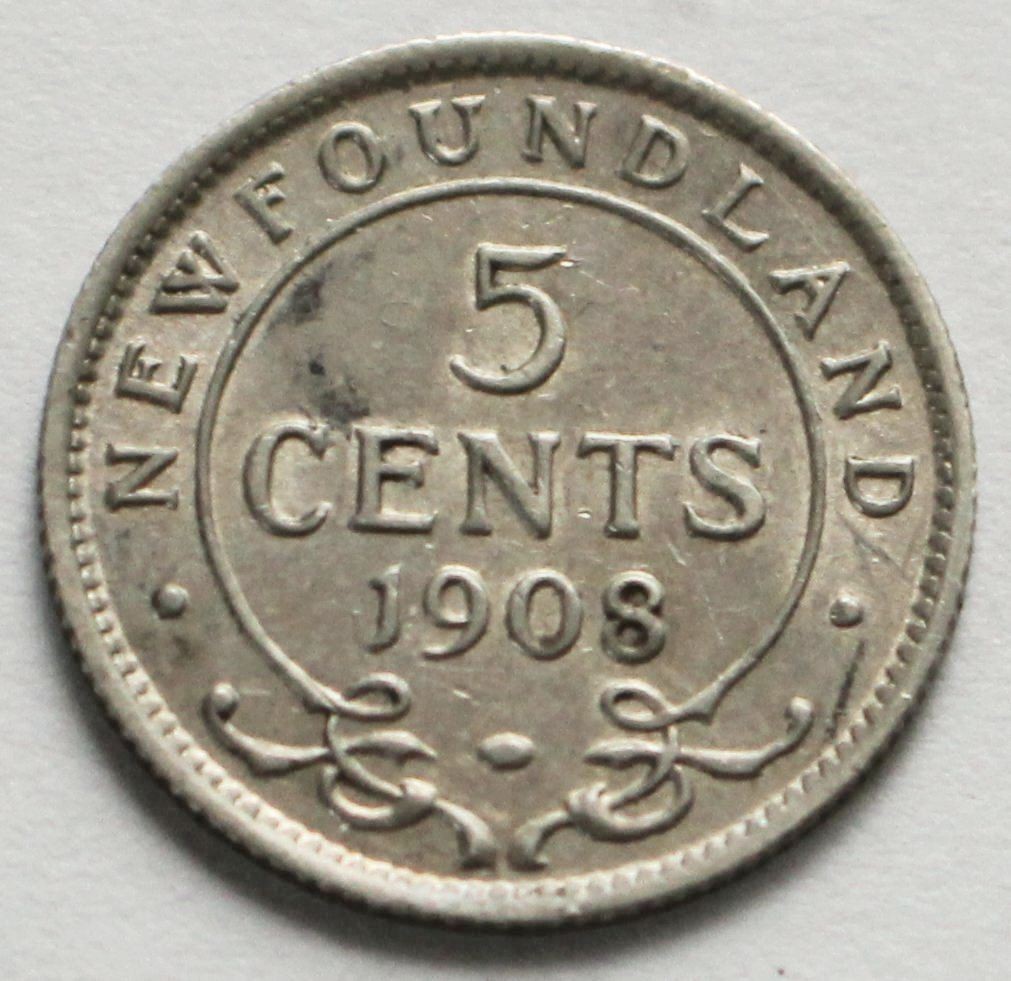 1908 Newfoundland 5 Cents Silver coin - AU, 5C Canada Better Grade