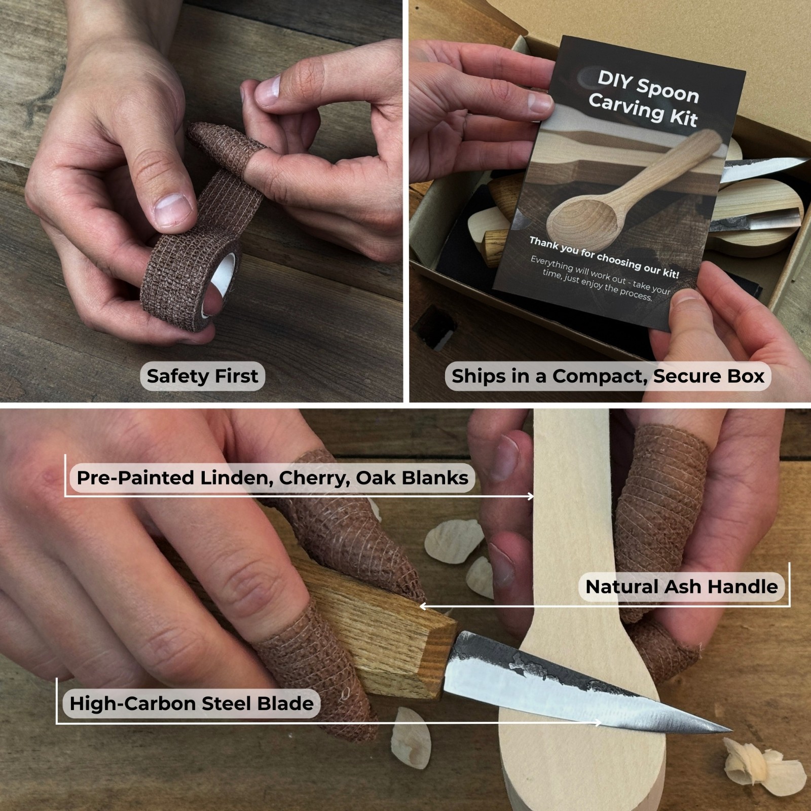 DIY Carving Kit for Beginners Cherry Oak Wood Blanks Clear Instructions 3 Spoons
