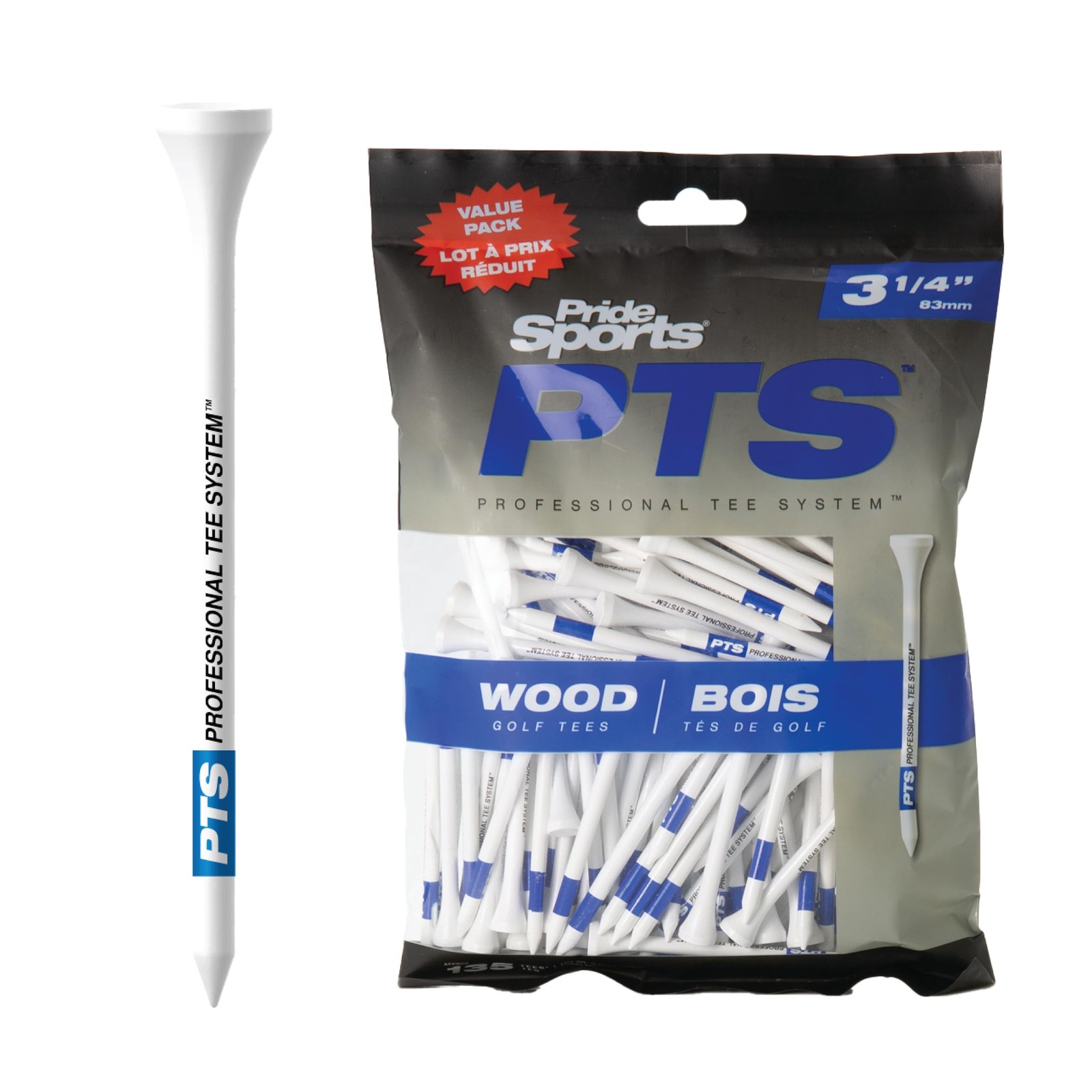 PrideSports PTS Wood Golf Tees | 135 Count, 3-1/4 Inch | #1 Wood Tee on Tour | B