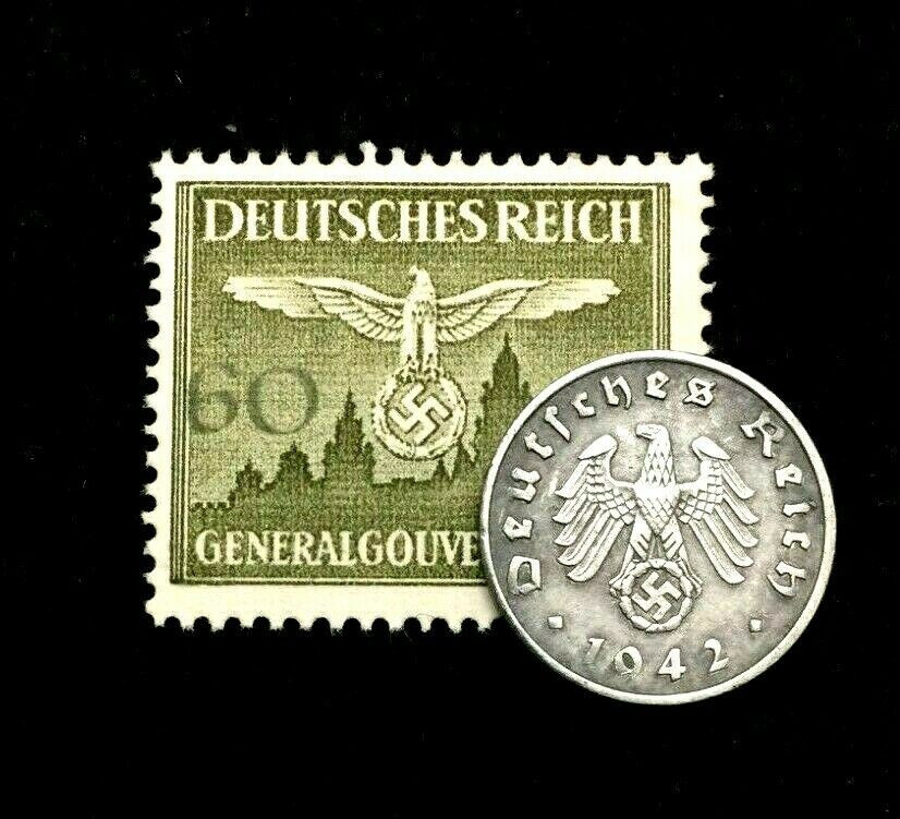 German WWII Rare 1 Rp Zinc Coin (1940-1945) & 60 Pf Stamp MNH Historical Set