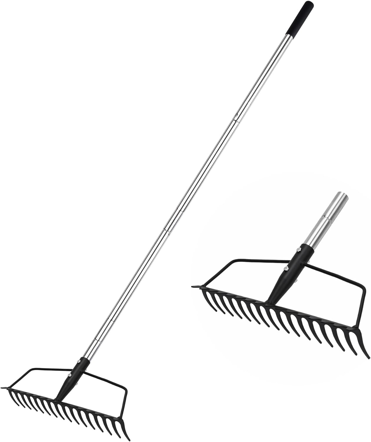 Garden Rake, Heavy Duty 16-Tine Bow Rake with Adjustable Stainless Steel