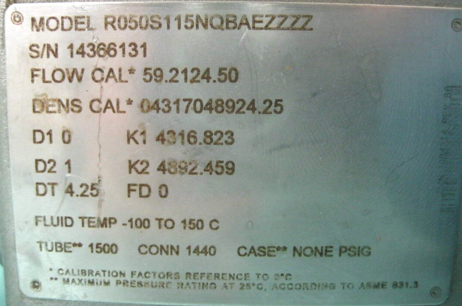 1/2" 600# Micro Motion R050 Mass Flow Sensor Mfg 2013 w/ 700 Core Processor A8