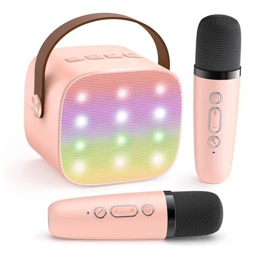 Mini Karaoke Machine for Kids Adults, Portable Bluetooth Speaker with 2 Pink