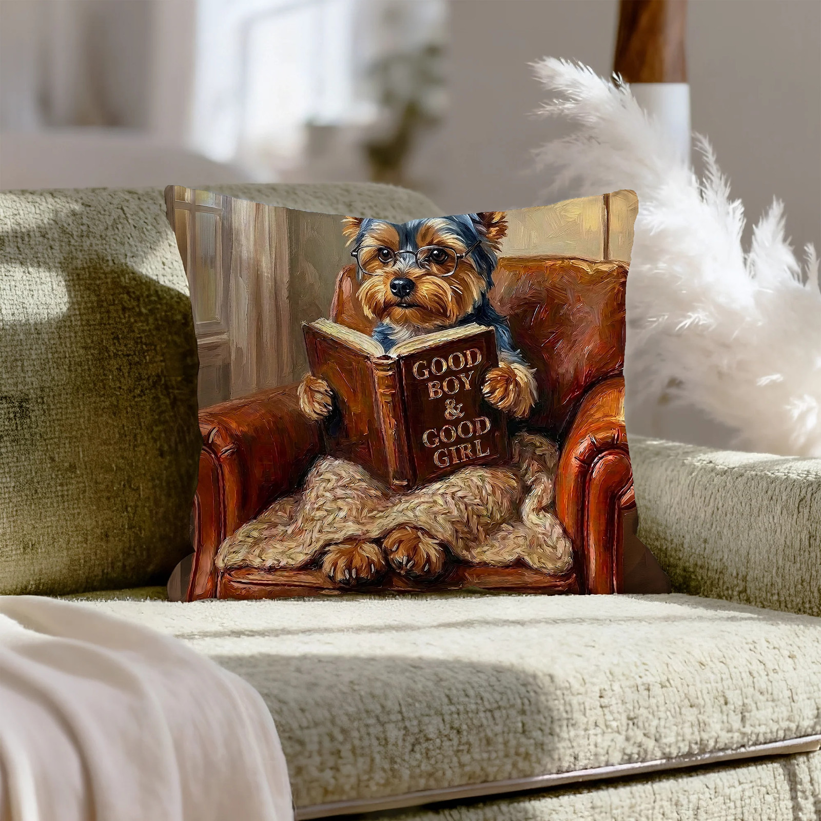 "Evening Read" - Yorkie Pillow Cover - Dog Lover Home Decor