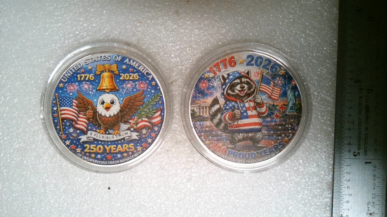CHALLENGE COIN AMERICA 250 PROUD YEARS 1776-2026 LET FREEDOM RING EAGLE RACCOON