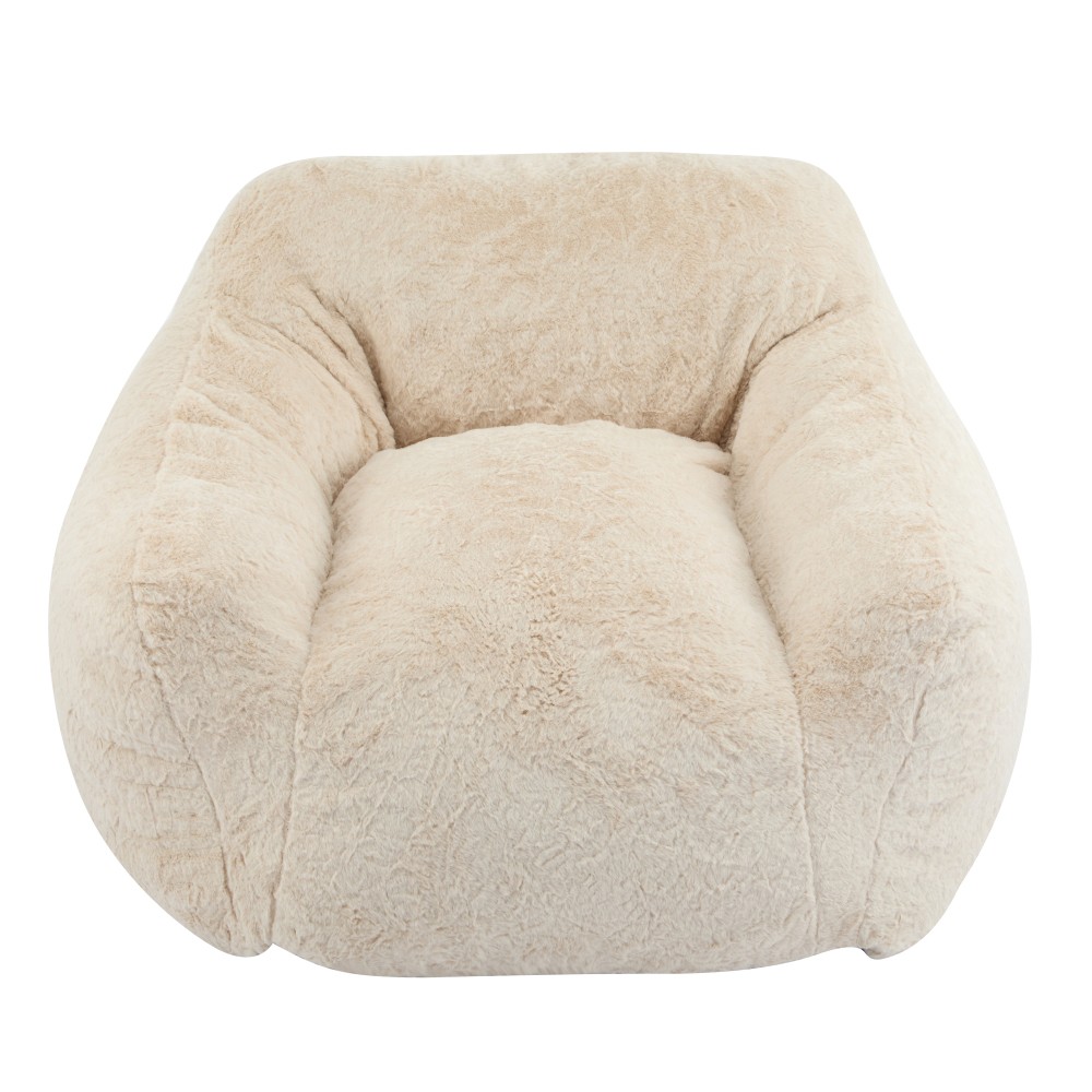 Beige Faux-Fur Bean Bag Chair, Indoor Cozy Armchair-Style, Shredded Foam Filler