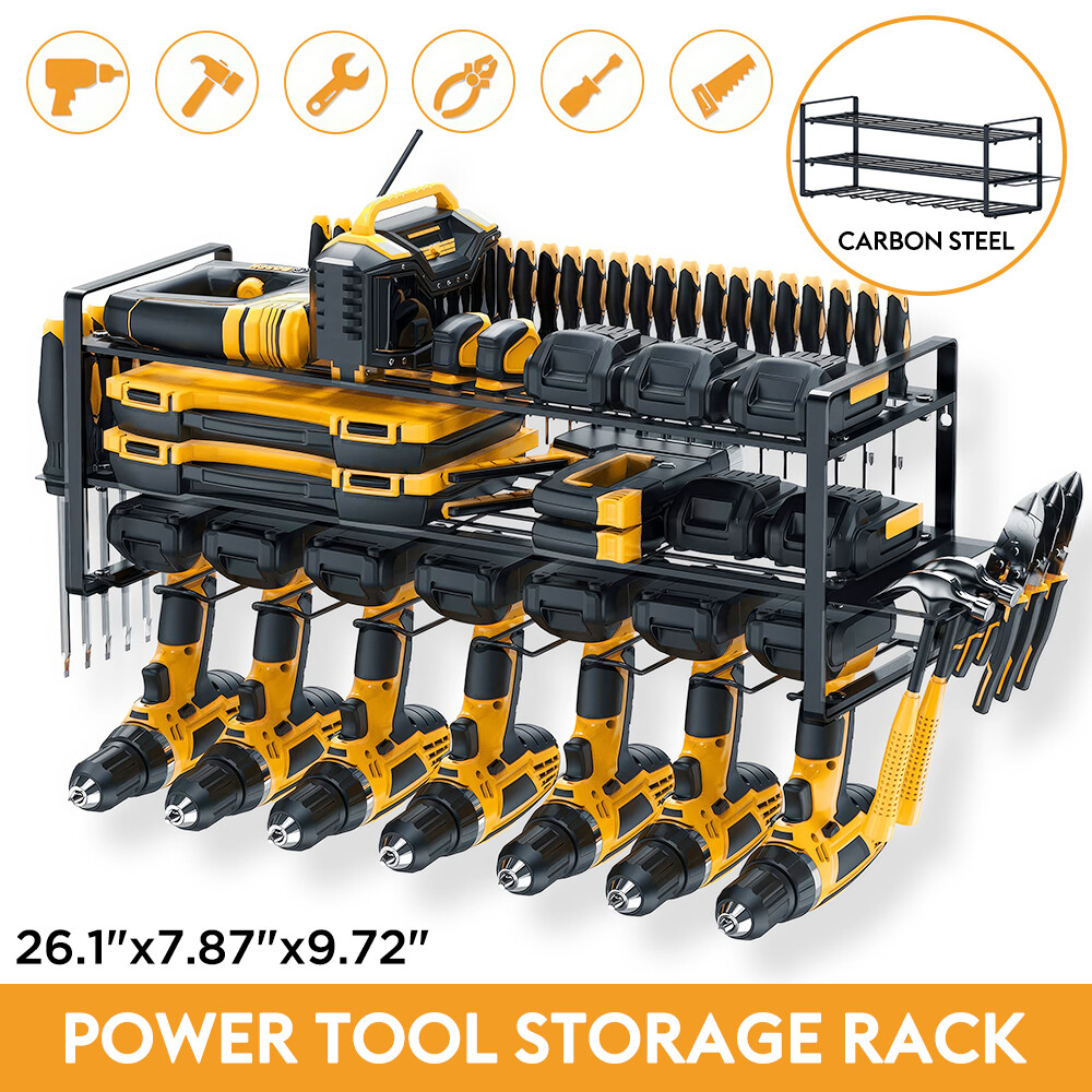 Extended Heavy Duty Power Tool Organizer 3-Tier 7-Drill Metal Tool Storage Rack