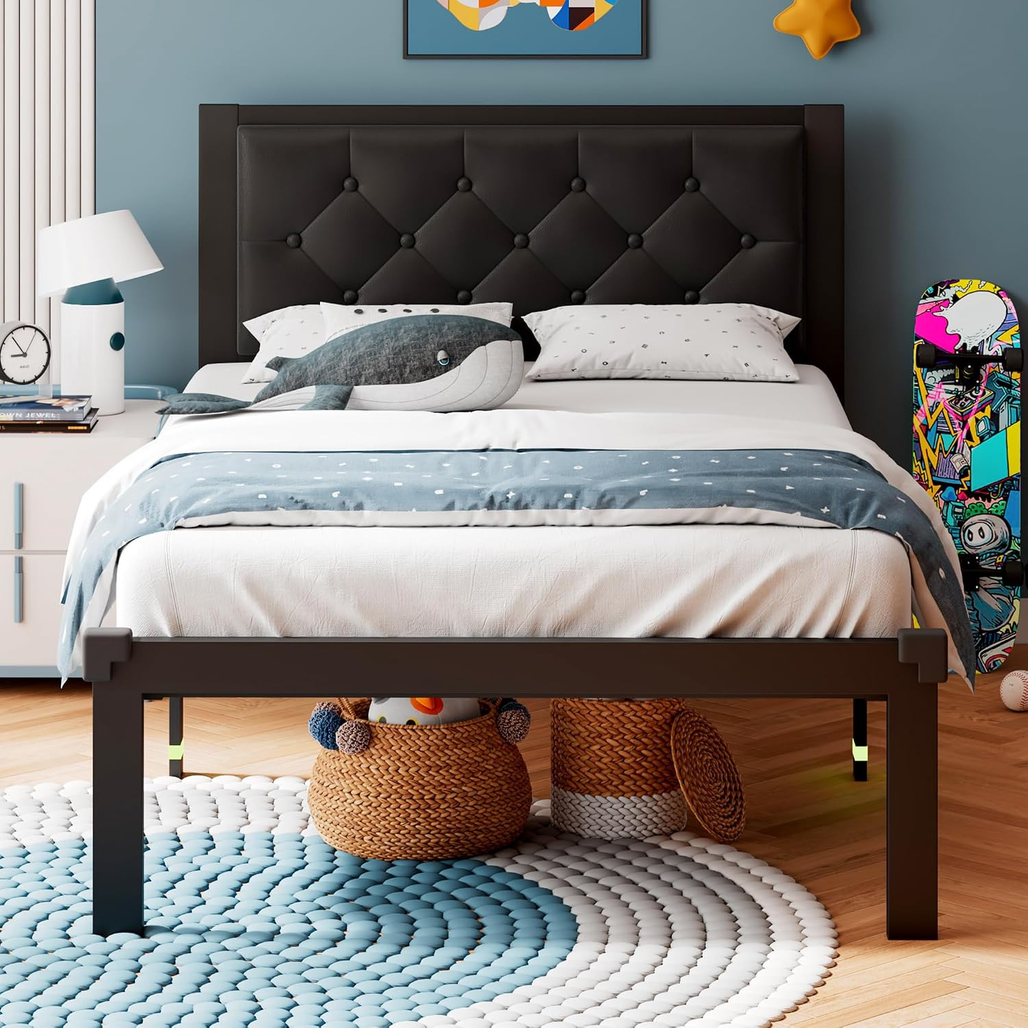 Twin Size Metal Bed Frame, Faux Leather Platform Bed Frame with Button Tufted He
