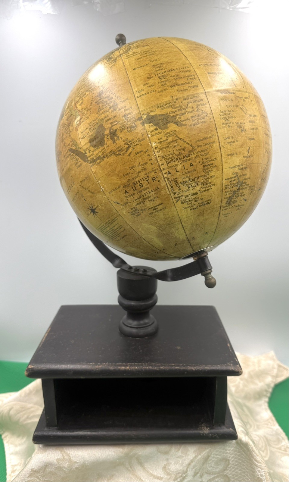 Decorative 16" World Globe with Rustic Wood Open Drawer